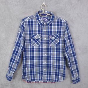 Superdry Button Up Washbasket Shirt Mens Sz XL Blue White Plaid Long Sleeve Flap